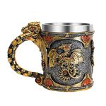 OTARTU Vintage Stainless Steel Medieval Steampunk Dragon Coffee Mug, Dungeons and Dragons Gear Cyborg Gold Dragon Beer Stein Tankard,Gift for Men Father’s Day