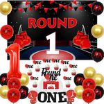 Boxing 1st Birthday Party Decorations, Round 1 Backdrop - Round One Cake toppers & Highchair Banner Champion Trophy Balloons for Boxing Match Sports Theme One Year Old Birthday Party Supplies