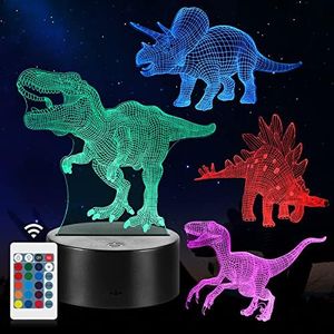 Regali di Dinosauro, 4 Pezzi di Luce Notturna con Lampada a Dinosauro 3D con 16 Cambi di Colore e Telecomando, Regali per Bambini da 3 4 5 6+ anni (4 pcs)