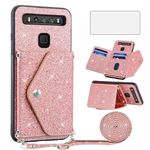 Asuwish Phone Case for TCL 10 5G UW Verizon Wallet Cover with Tempered Glass Screen Protector and Crossbody Strap Lanyard Bling Glitter Credit Card Holder TCL105GUW TLC 105GUW G5 5GUW T790S Pink