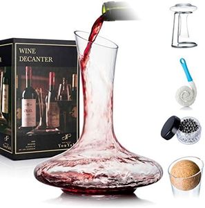 YouYah Wine Decanter Set with Drying Stand,Stopper,Brush and Beads,Red Wine Carafe,Wine Aerator,Wine Gifts,Wine Accessories,Hand-Blown 100% Lead-Free Crystal Glass