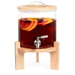 Navaris Beverage Dispenser with Stand - 1.3 Gallon (5L) Glass Drink Dispenser with Stainless Steel Spigot - Drinks Water Parties - Natural Beech Wood