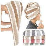 ROLSHOL Extra Large 4 Pack Microfiber Hair Towel Wrap for Women Super Absorbent & Quick Dry Hair Drying Towels with Button, Hair Turbans for Curly Hair Long & Short Hair - Anti-Frizz (green pinstripe)