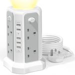 Tower Extension Lead 3M and Night Light, 5 USB Ports & 8 Way Plug Extension Tower, Extension Lead Surge Protection with 4 Independent Switch, Extension Cable for Home Office