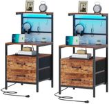 TRIFEBLE Nightstand Set of 2 with Charging Station, Nightstands with LED Lights, Night Stands for Bedrooms with 2 Drawers and Storage Shelves, Bedside Tables with Metal Hooks, Rustic Brown