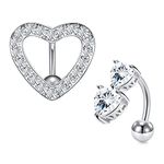 Briana Williams 2pcs Reverse Belly Bars Heart Clear CZ 14G Belly Button Piercing Stainless Steel 10mm Navel Rings Piercing Jewellery