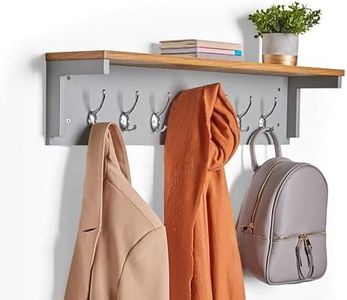 VonHaus Coat Hooks Wall Mounted - Grey Coat Rack with Shelf & 7 Strong Double Coat Hooks – Wall Mounted Coat Rack Hallway Organiser w/Ash Wood Veneer for Hall & Entryway for Coats, Scarves, Bags