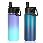 Volhoply 18oz Insulated Water Bottle Bulk 2 Pack,Kids Stainless Steel Water Bottles with Straw,Wide Mouth Reusable Metal Thermos Bottle,Double Wall Vacuum Sports Flask for Cold Drink(Assorted,2 Set)