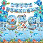 Under the Sea Party Supplies - Ocean Sea Party Tableware - Plates Cups Napkins Tablecloth Banner Balloons Cake Toppers for Underwater World Birthday Party Decorations, Serves 20