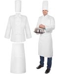 Hillban Halloween 3 Pcs Chef Unisex Costume Chef Tall Hat Coat Bistro Apron Set Chef Jacket Chef Coat Chef Apron for Man(White Long Sleeve,Small)