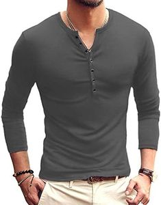 YTD Mens Casual Slim Fit Basic Henley Long Sleeve Fashion T-Shirt L Dark Gray