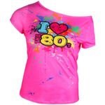 80s Outfit for Women Plus Size I Love The 80's Costumes 80s Off Shoulder T-shirt Tops Neon Clothes Oversized (Rose Red,3X-Large)