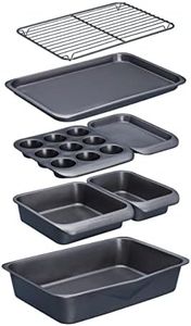 MasterClass Smart Space 7 Piece Non-Stick Stackable Bakeware Set: Roasting Pan, Square Cake Tin, Loaf Tin, Muffin Tray, Two Baking Trays and Cooling Rack, Gift Box