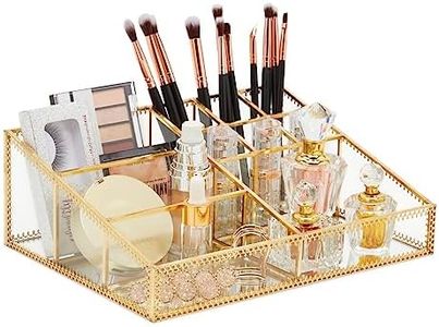 Glass Makeup Organizer with Gold Trim for Vanity, Cosmetic Storage (10.2 x 7.5 x 3.5 In)