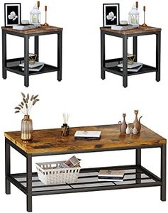 AWQM 3 Pieces Coffee Table Set, Industrial Coffee Table with 2 Square End Side Tables, Modern Living Room Table Set with Metal Frame for Apartment Home Office, Rustic Brown