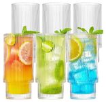 WRINGO 450ML Water Glass Tumbler Highball Glasses Clear Iced Tea and Glasses for Drinking Cocktail, Juice, Milkshake, Coke, Soda, Vintage Glass Cups Dishwasher Safe Pack of 6 (Lining - A, 6 Count)