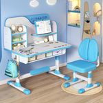 Kids Desk and Chair Set, Height Adjustable Children Study Desk, Golden Distance Preventing Myopia Design, Children Study Desk with Spacious Storage Drawer for Boys Girls Home Study Tool (Blue-C)