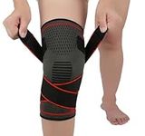 Knee Braces Compression Sleeve Support for Men Women, 1 Pack Knee Pads with Adjustable Strap for Volleyball, Weightlifting, Knee Pain Relief, Arthritis, Working Out, Running (Red Black, X-Large)