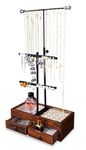 Necklace Holder Stand Hanging Long Necklaces Jewelry by Adjustable Height -3 Tiers Metal Jewellry Tree Stands with Wooden Drawer Organiser Box to Display Cosmetic, Bracelets, Earrings, Rings, Watches