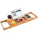 HANKEY Bamboo Bathtub Caddy Tray (Extendable) Luxury Spa Organizer with Folding Sides Natural, Ecofriendly Wood Integrated Tablet, Smartphone, Wine, Book Holders