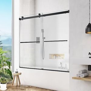 Bathtub Shower Bypass Sliding Glass Door, Semi-Framed Bathroom Tub Shower Glass Door 56"-60" W*58" H, 5/16"(8mm) Thick Clear Tempered Glass Door, Matte Black