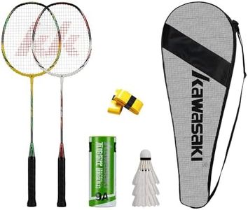 Kawasaki Badminton Set Professional Badminton Racket Sets of 2 Lightweight Badminton Rackets for Backyard with 3 Shuttlecocks, 2 Racquet Overgrips & Carry Bag for Training, Sports