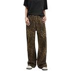 Leopard Print Jeans for Women Baggy Pants with Pockets Y2k Streetwear Wide Leg Trousers Low Rise Straight Pants Cargo Jeans Casual Denim Grunge Hip Hop Street Bottoms for Young, 00 Brown, M