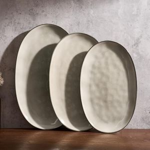 famiware Serving Platter, Oval 15.59/14.3/12.9 inch Serving Dishes for Entertaining, Serving Bowls, Dishwasher Safe, Stonware Serving Trays for Party, Turkey, Cheese, Reactive Glaze, Light khaki