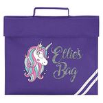 Girls Glitter Unicorn Bookbag - Book Bag School Back to School Personalised for School Girl - Book Bag Silver Glitter Unicorn Mermaid Pink 120, Purple