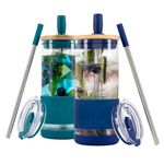 Pandaloo® Glass Cups With Lids and Straws -20 Fl Oz- Perfect Size Iced Coffee Cup - Smoothie Cup With Bamboo Lid and On the go Lid - Glass Tumbler (2 Count (Pack of 1), Intense Teal-Galactic Blue)