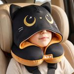 Mewaii Kids Travel Neck Pillow with Hood,Memory Foam Airplane Pillow,Double-Sided, Cute Design, Cooling Ice Silk & Soft Plush, Adjustable, Portable & Washable for Flights