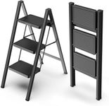 Delavala 3 Step Ladder, Folding Step Stool with Wide Pedals, Compact Stepping Stool for Kitchen, Sturdy Steel Ladders with Anti-Slip Feet, Household Office Portable - Supports up to 150 KG (Black)