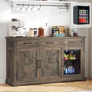 LUXOAK 60" Farmhouse Coffee Bar Cabinet with Mini Fridge Space, Wine Bar Cabinet with Drawers & Shelves, Buffet Sideboard Table for Home, Dining Room, Living Room, Brown