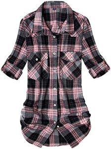 Alimens & Gentle Womens Plaid Flannel Shirts Long Sleeve Roll Up Casual Button Down Shirt, Pink Grey, Small