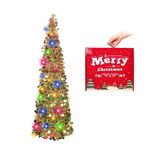 MACTING 5FT Pop Up Fall Tree with Lights, Christmas Tinsel Tree Easy-Assembly, Collapsible Glittery Pencil Tree for Autumn Thanksgiving Holiday Winter Xmas Decorations(Gold-Mix)