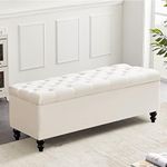 Storage Ottoman 50.2 Inches Upholstered Fabric Storage Ottoman Bench，Button Tufted Ottoman with Storage for Living Room，Bedroom End of Bed Bench Withstands 304lbs (Ivory)