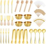 Foyucool 98 Pcs Charcuterie Board Accessories, Stainless Steel Cheese Spreaders with Wooden Handle Forks Spoons Mini Serving Tongs Honey Dippers Sauce Cups Toothpick Flags Charcuterie Utensils, Gold
