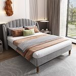 ＭodernLuxe Upholstered King Size Bed, 5FT Bed Frame with Slatted Frame and Headboard, Additional Support Feet, Classic Youth Bed with Wooden Slatted Support, Easy Assembly, Velvet Grey, 150x200cm