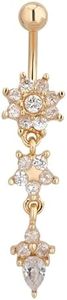 Elegant Crystal Flower Dangle Belly Button Ring - Surgical Stainless Steel, 14 Gauge, 54mm Length (Gold)