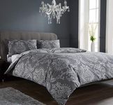 Olivia Rocco Royal Damask Duvet Cover Set Easy Care Quilt Covers With Pillowcases Cotton Rich Reversible Bedding Bed Linen Sets (Grey, Double)