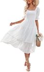 MEROKEETY Women's Summer Square Neck Puff Sleeve Boho Midi Dress Swiss Dot Ruffle Flowy Tie Back Dress, White, X-Large