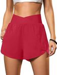 Blooming Jelly Women's Workout Shorts Athletic Running Shorts Crossover High Waisted Gym Sport Yoga Shorts with Zipper Pockets 2.5" (Red,Small)