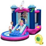 GYMAX Kids Bouncy Castle, Inflatable Jumping House with Slide, Round Ball Pit Pool & Carry Bag, Children Bounce Playhouse for Outdoor Indoor (Space Themed with 480W Blower)