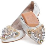 Women's Ballet Flat Shoes - Cute Rhinestones Bow Wedding Flats Slip on Flats for Women Comfortable, Silver, 12