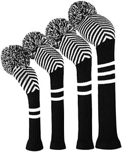 Scott Edward Personalized Knit Golf Club Covers 4 Counts for Woods and Driver Fit Max Drivers Fairways Hybrids/Utility Big Pom Pom Customized Patterns Decorate Golf Bags (Black White Herringbone)