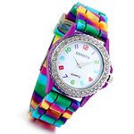 Lancardo Women Wrist Watch Colorful Pointer Jelly Rainbow Silicon Band Watch Arabic Numerals Dial with Bling Crystal Case Easy to Read