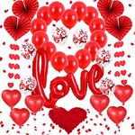 37Pcs Big Valentines Day Decorations Kit, Red Heart Balloons, Heart Shape Foil Balloons, Paper String, Fake Rose Petals for Valentine's Day Anniversary Mothers Day Wedding Engagement Party Supplies