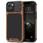 TENDLIN Compatible with iPhone 14 Case Wood Grain with Carbon Fiber Texture Design Leather Hybrid Slim Case