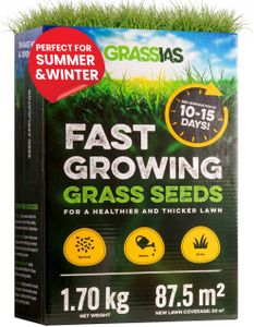 Grassias Fast Growing Grass Seed 1.7kg – Hard Wearing, Pet Friendly Lawn Seed for Overseeding & New Lawns, Winter & DEFRA Approved
