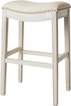 Maven Lane Adrien 31 Inch Bar Height Upholstered Backless Saddle Barstool in White Oak Finish with Natural Color Fabric Cushion Seat